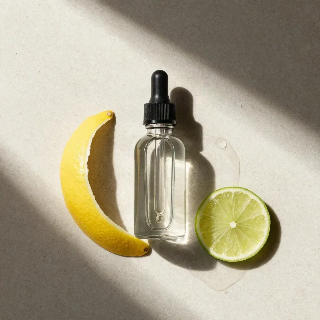 Top-down e-liquid bottle with dropper, citrus peel, lime slice, and spill on travertine.