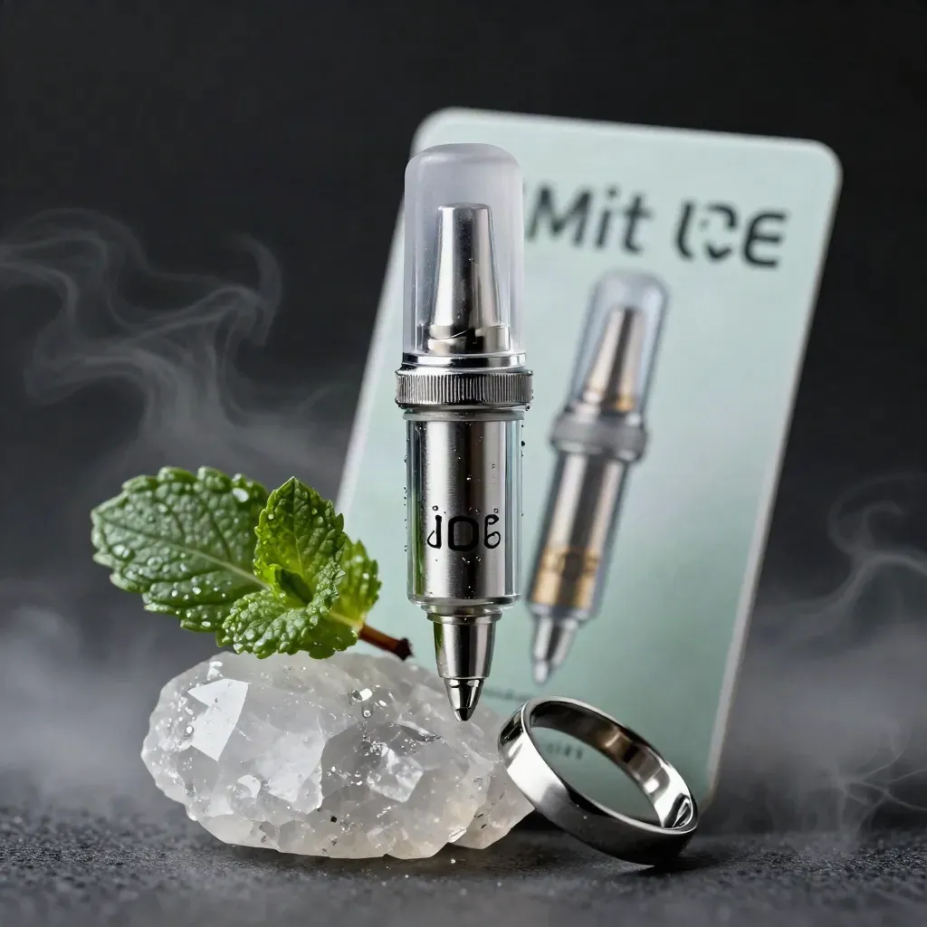 Macro CBD vape cartridge beside quartz, mint leaf, and steel ring in cool haze.