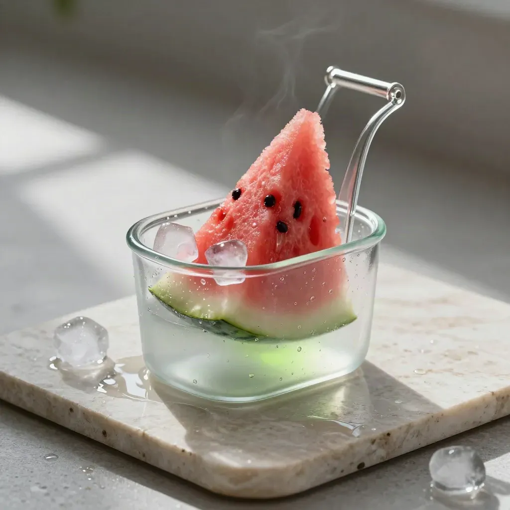 Watermelon CBD cart, rind slice, ice chips and dropper on cool stone.