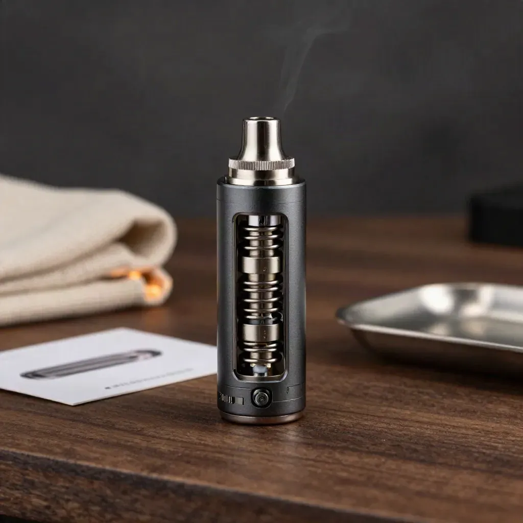Dual coil vape pack with metallic coils on dark wood in smoky premium light.