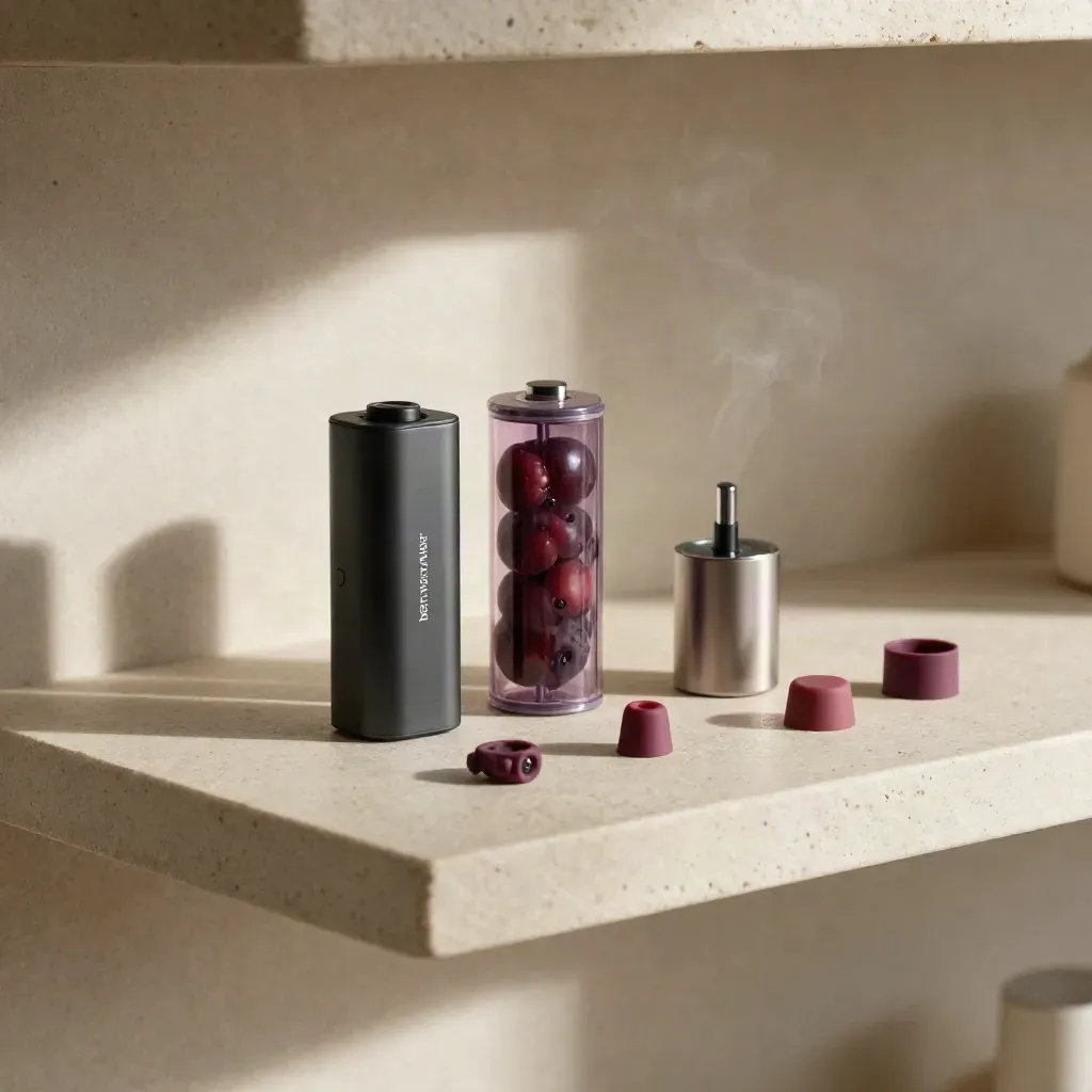 Berry vape starter kit on a limestone shelf with plum accents, charger, pod and soft haze.